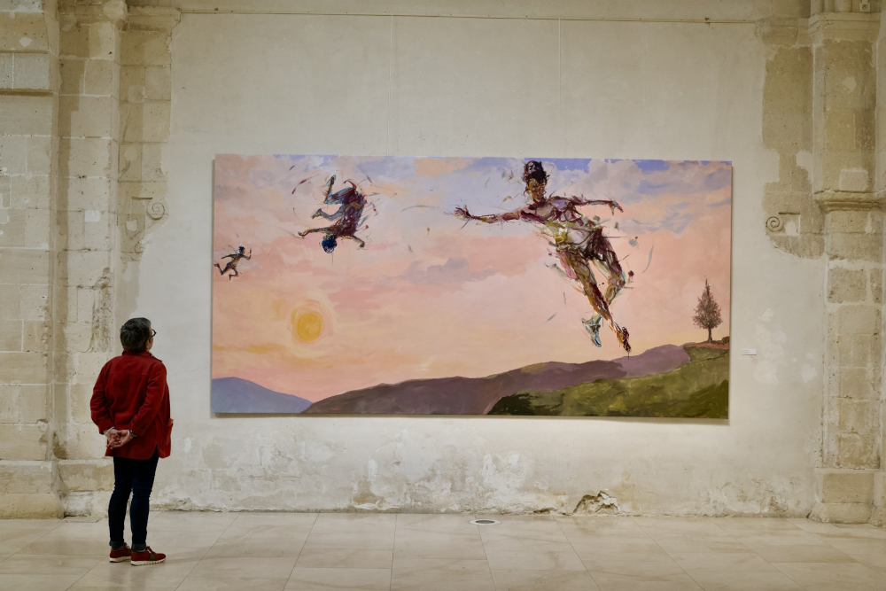 'Saut de l’être'/'Leaping Being' (2023): arcyl oil pastel on canvas cotton, 200 x 400 cm.
