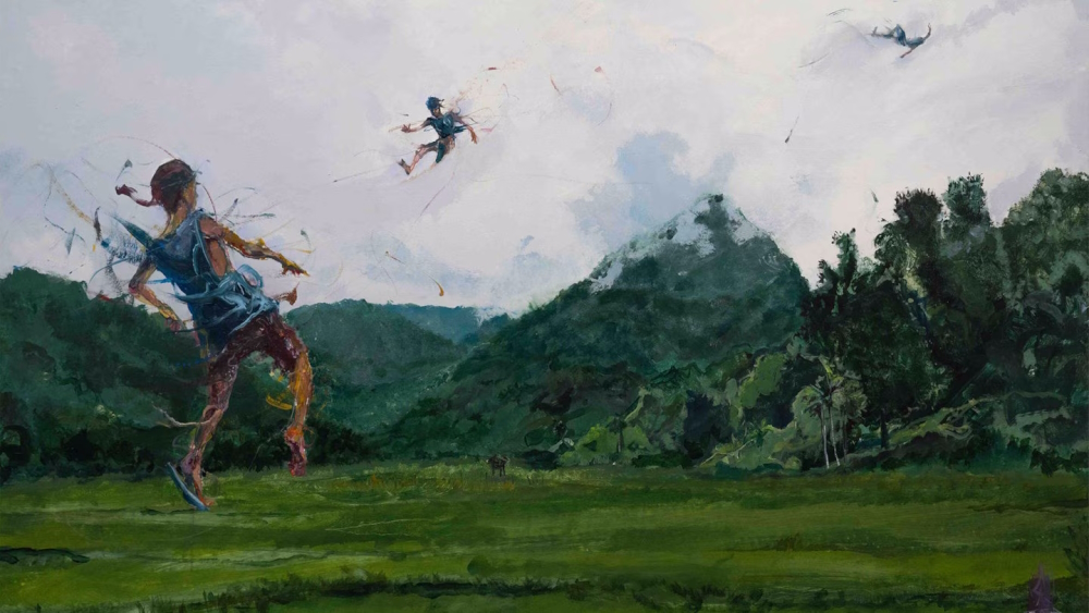 'Saut de l’être'/'Leaping Being' (2023): arcyl oil pastel on canvas cotton, 200 x 400 cm.