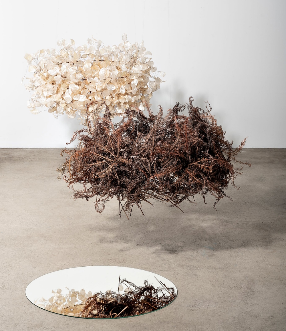 'rotondo': installation (fern and honesty, mirror - 70 cm in diameter).