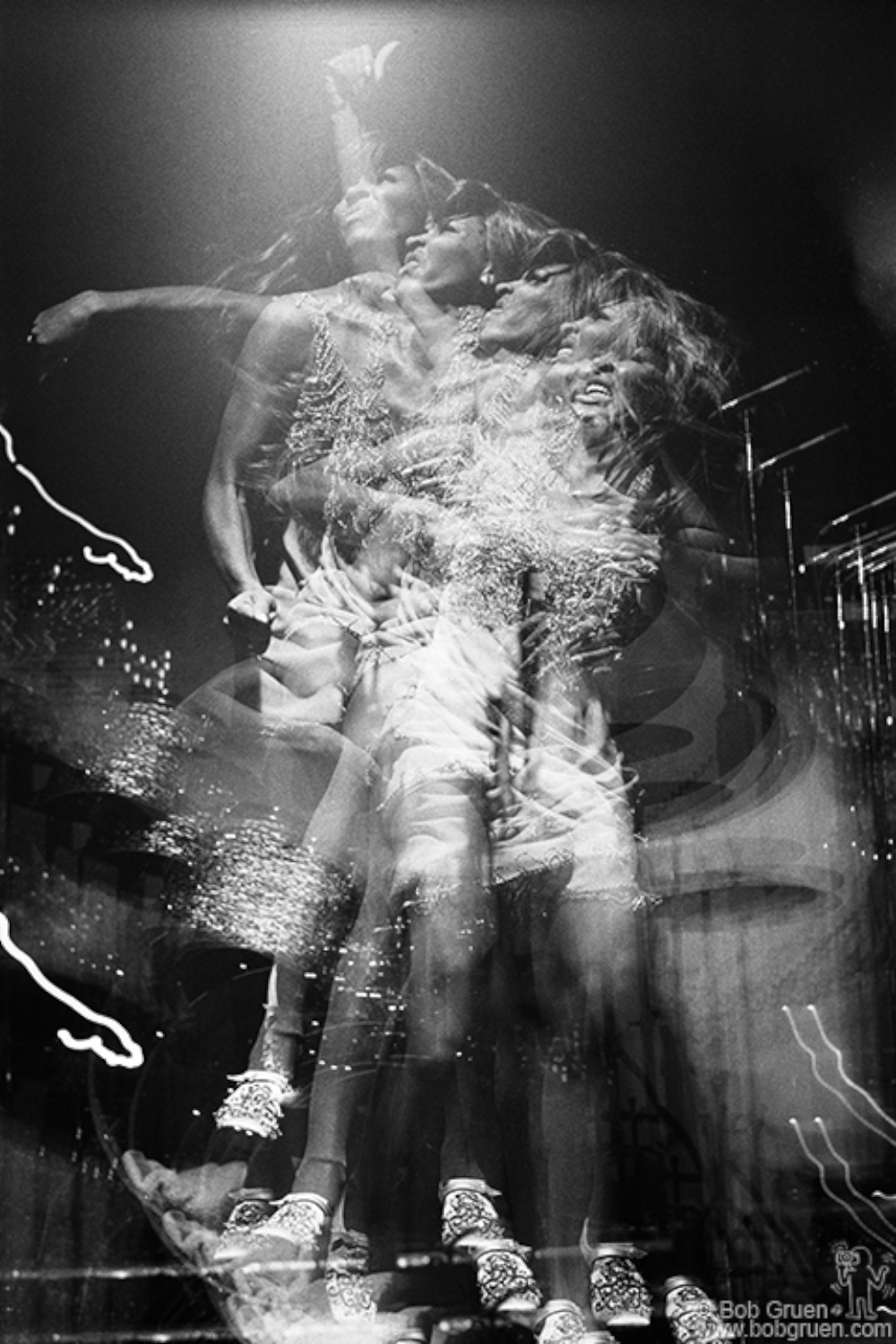 Tina Turner dancing in the strobe flashes on stage at the Honka Monka Room in Queens on Wednesday, July 8, 1970.