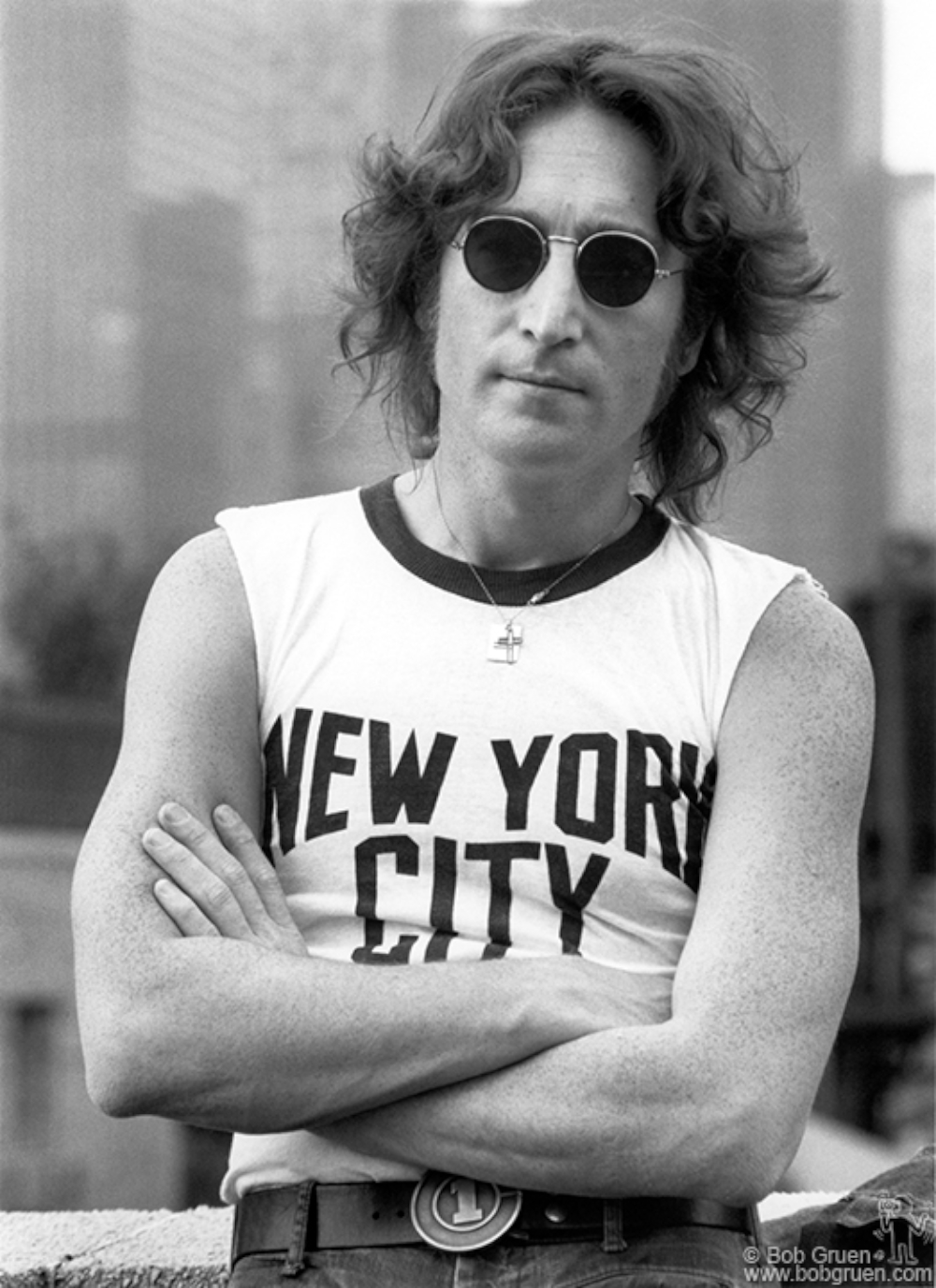 Famous photo of former Beatle John Lennon on rooftop in New York City. August 29, 1974.