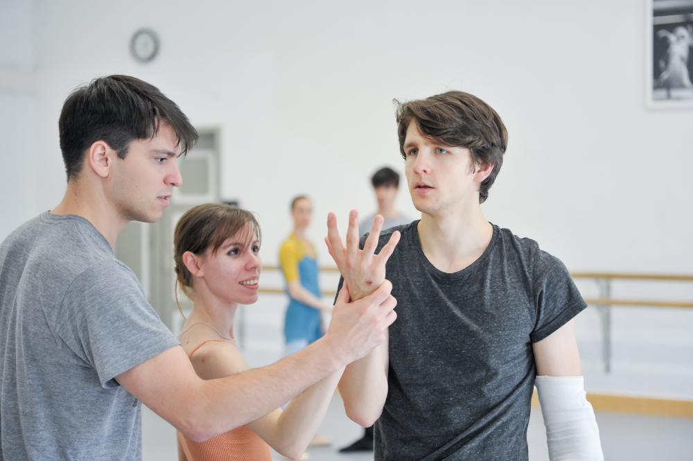 Demis Volpi (left) with dancers Elisa Badenes and David Moore during rehearsals for 