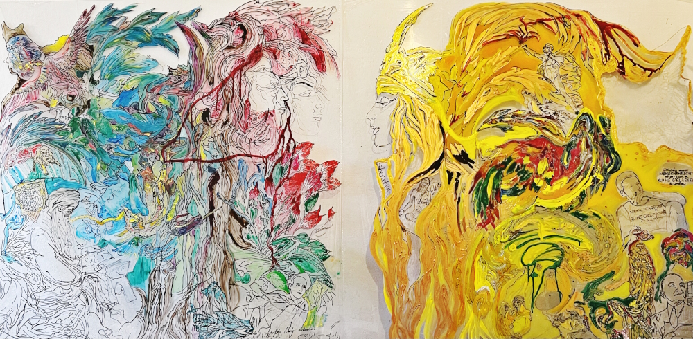 'Liberty Versus Liberation' (diptych, work on glass, 200 x 100 cm).