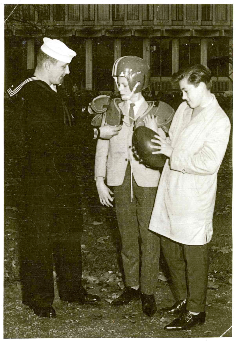 Childhood friends George Underwood and David Bowie outside the US embassy in London, 1961