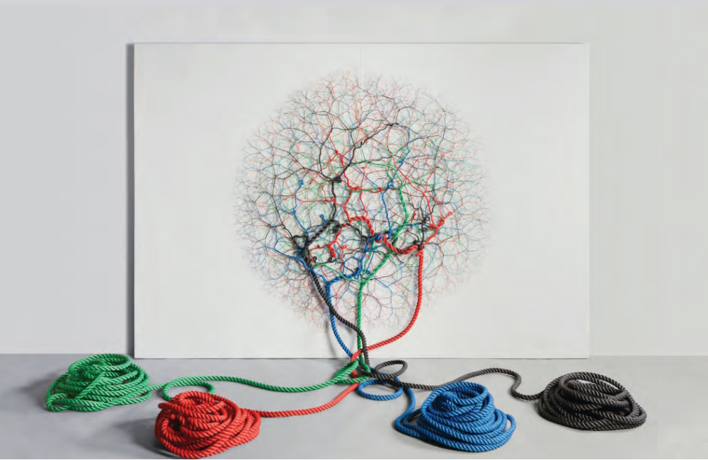 CICLOTRAMA 115 (writing), 2018:  4 ropes, 24 mm diameter, green, red, black and blue, with 20 m long each, embroidered on sailcloth (180 cm x 260 cm).