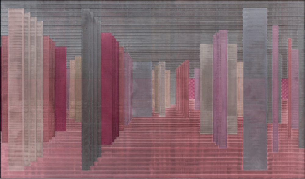 Rhizomatic Labyrinth - Series VI East, 2020 (Venice Campo de San Silvestro): satin ribbons and walnut extract, India ink and linseed oil on wood (120 cm x 200 cm).